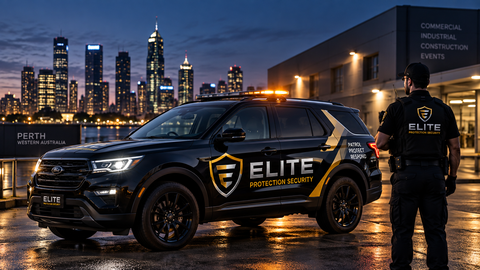 Elite Protection Security patrol vehicle and officer at night